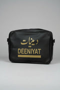 Deeniyat Islamic shoulder bag front view with gold Arabic and English branding