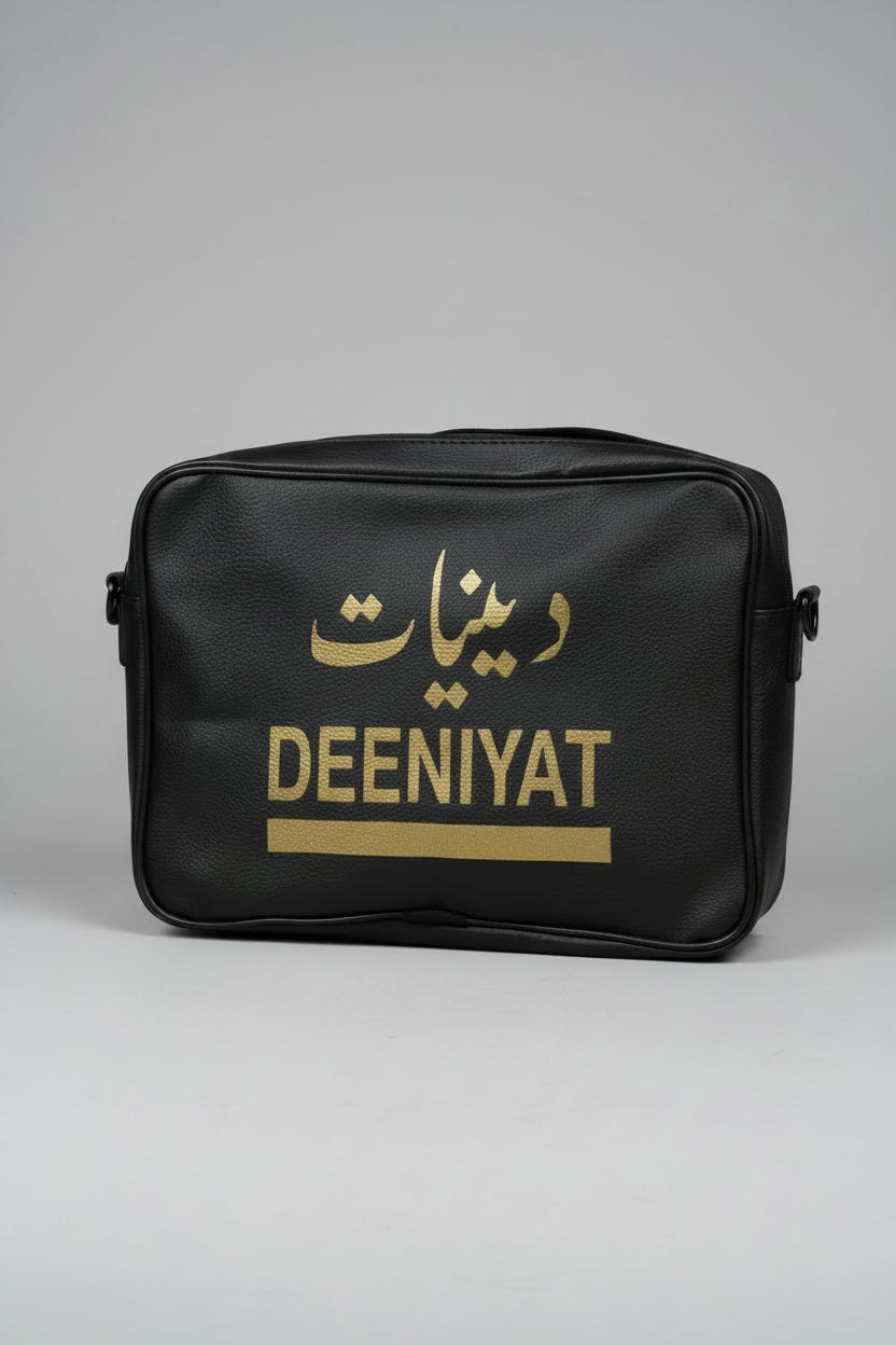 Deeniyat Islamic shoulder bag front view with gold Arabic and English branding