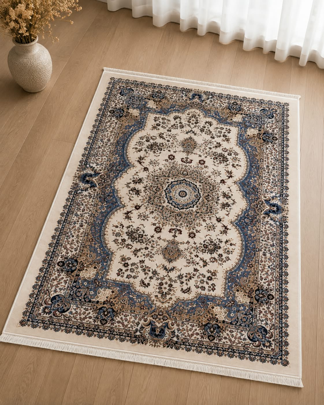Turkish Carpet Cream and Steel Blue