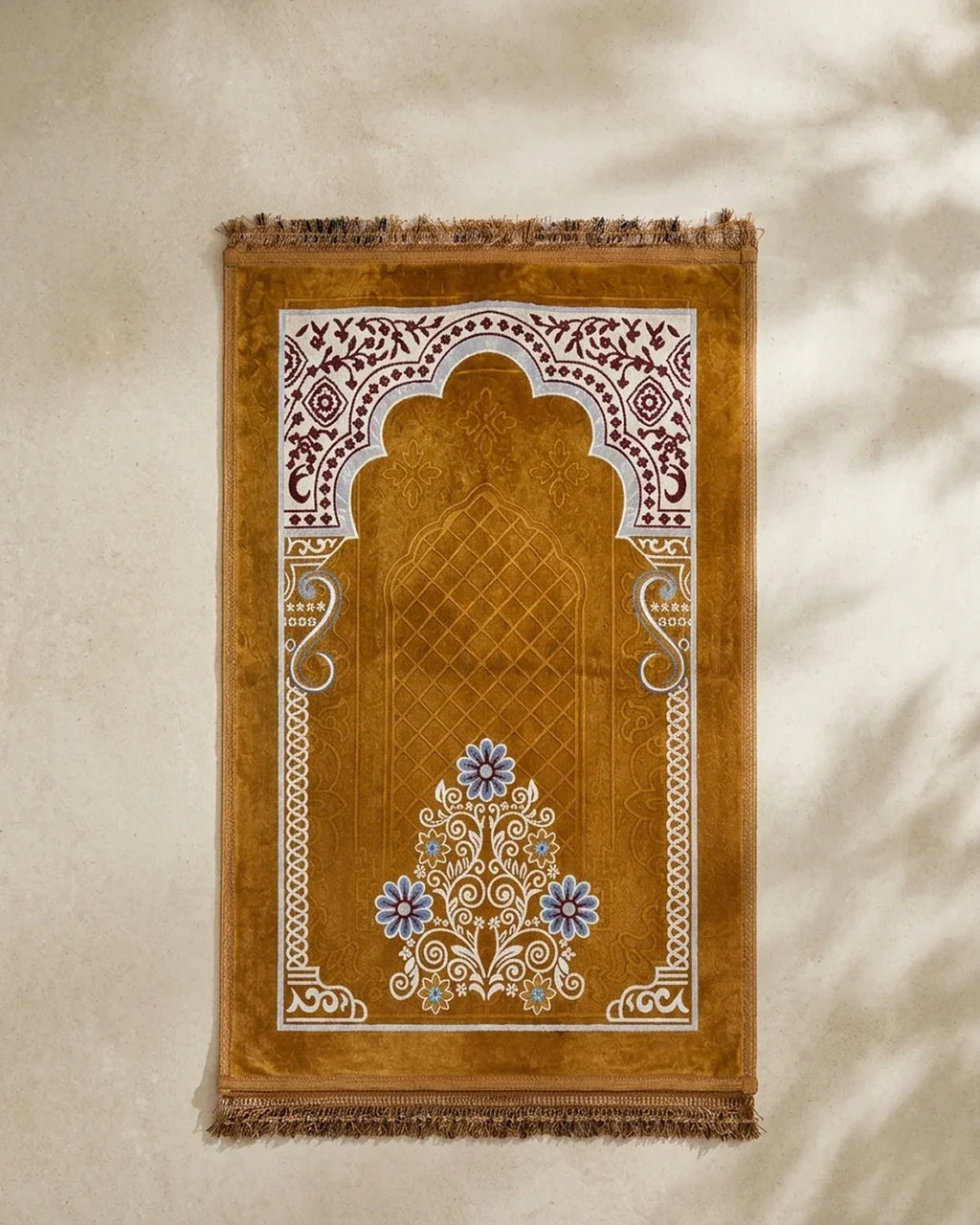 Golden Ochre Floral Prayer Mat (Janamaz) – 116 cm