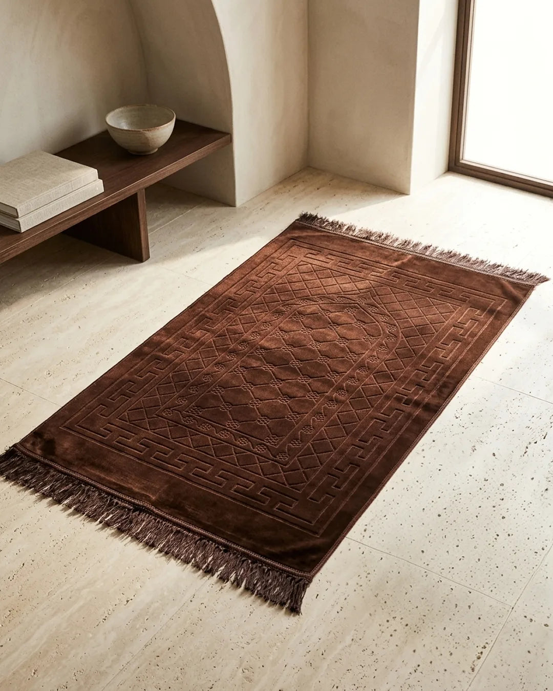 Chocolate Brown Embossed Prayer Mat (Janamaz) – 116 cm