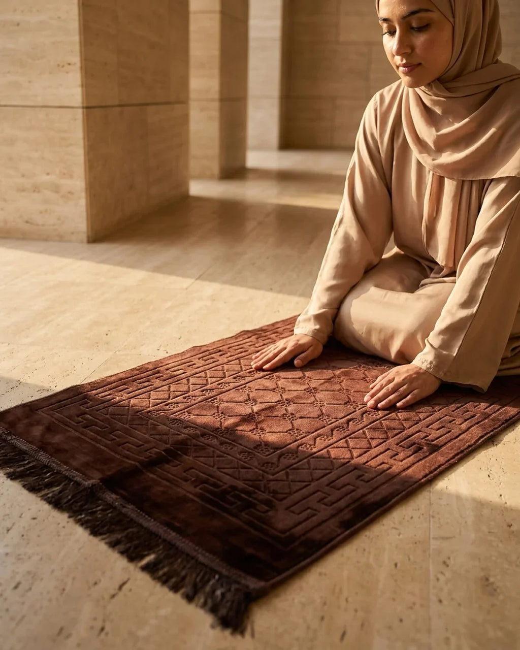 Chocolate Brown Embossed Prayer Mat (Janamaz) – 116 cm